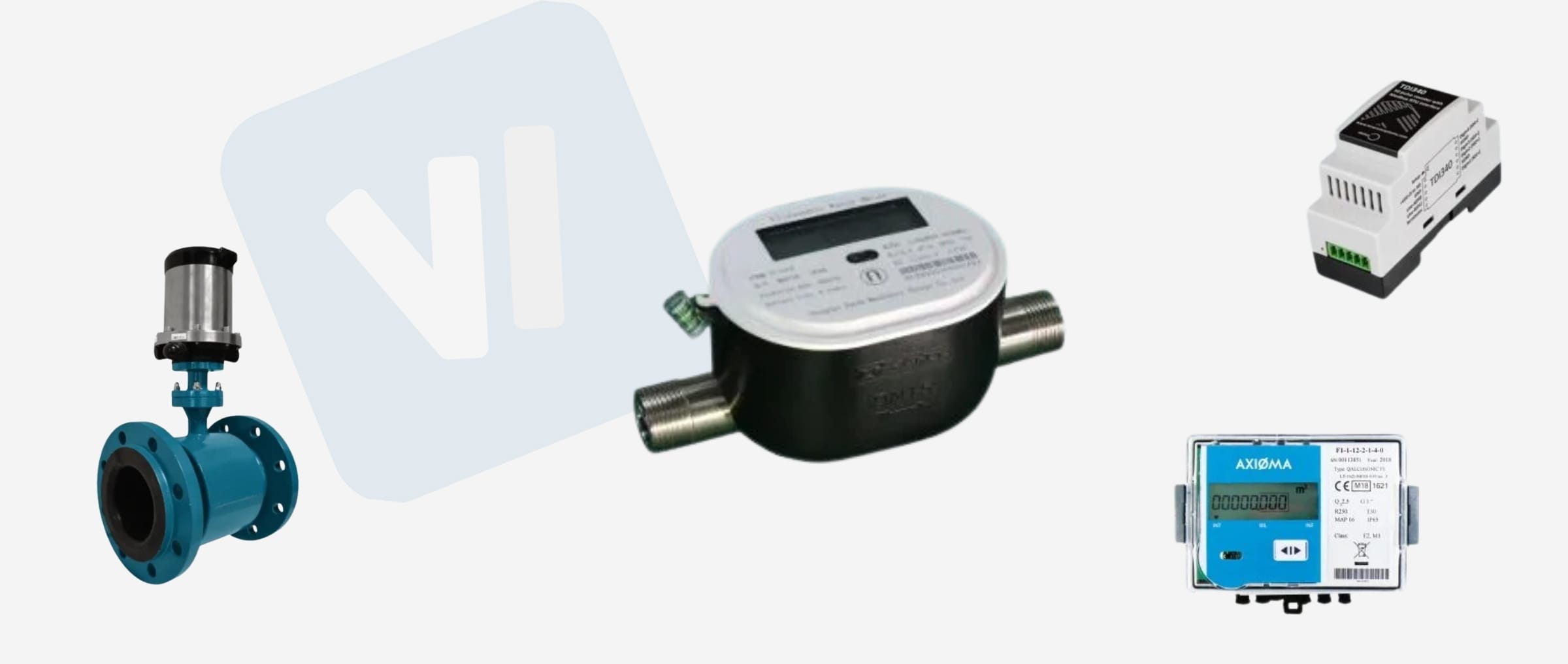 vier modbus watermeters met het Vewi Techniek logo op de achtergron